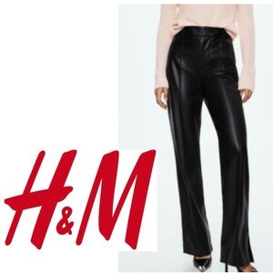 H&M Black Vegan Leather Trousers Coated Pants Faux Straight Leg Women's 6
